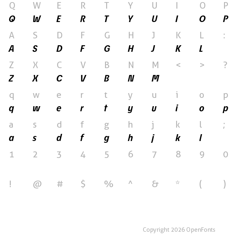 Character Map of EconoSans Reduced 76 Bold Italic