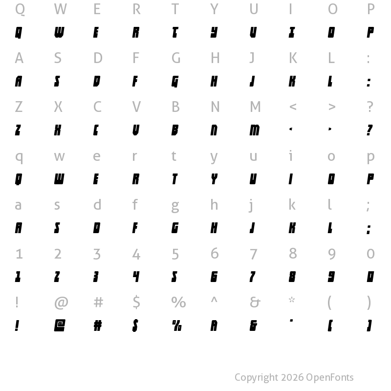 Character Map of Elastic Lad Wide Italic Regular