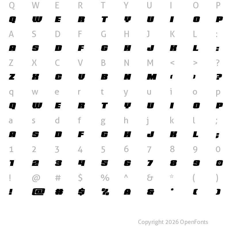 Character Map of Elephant Gun Expanded Italic Regular