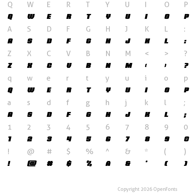 Character Map of Elephant Gun Italic Regular