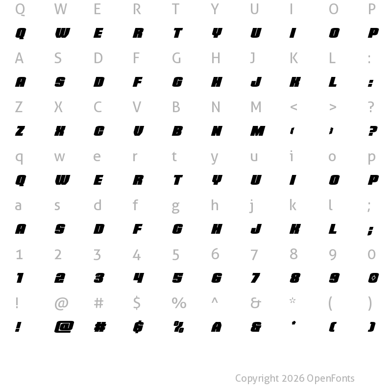 Character Map of Elephant Gun Super-Italic Regular