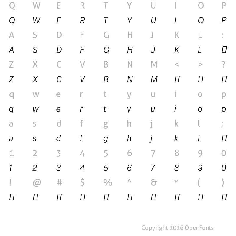 Character Map of Elza Text Trial Light Oblique