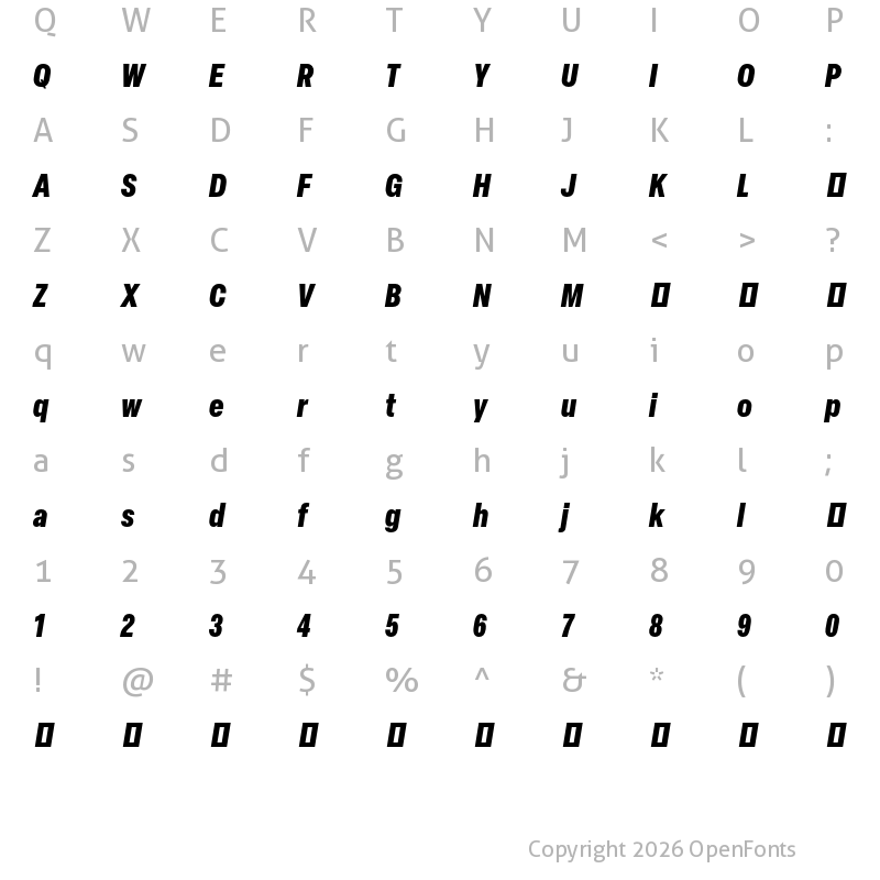 Character Map of Elza Trial Condensed Black Oblique