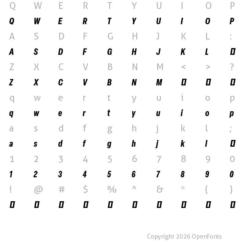 Character Map of Elza Trial Condensed Bold Oblique