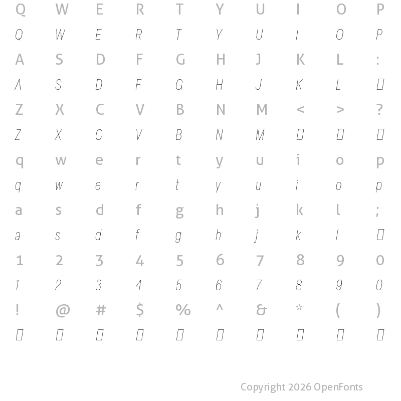 Character Map of Elza Trial Condensed Thin Oblique