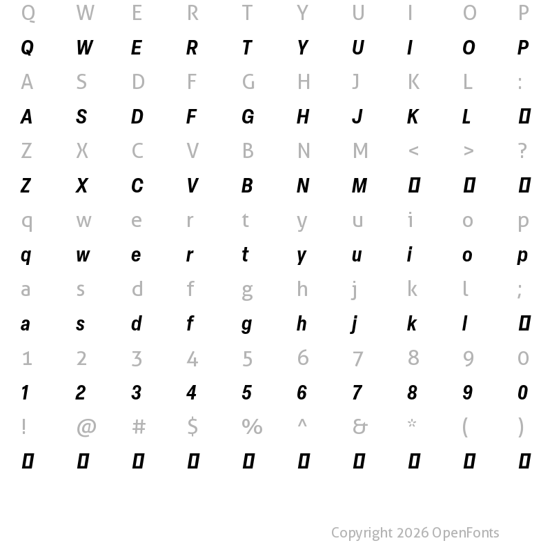 Character Map of Elza Trial Narrow Semibold Oblique