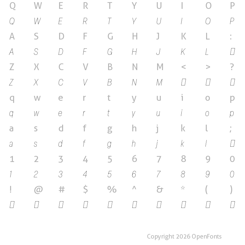 Character Map of Elza Trial Narrow Thin Oblique