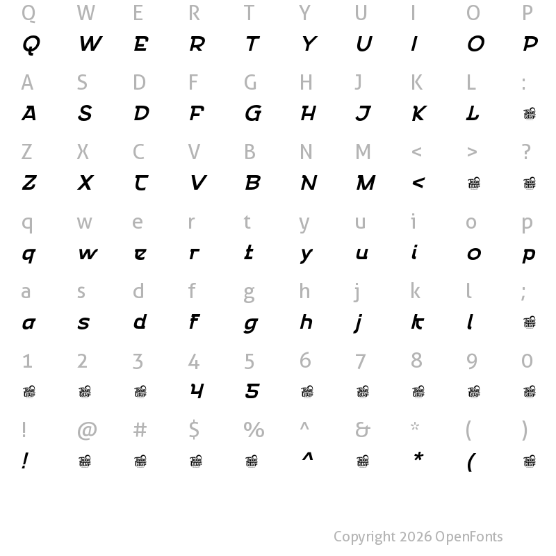 Character Map of Emencut Bold Slanted