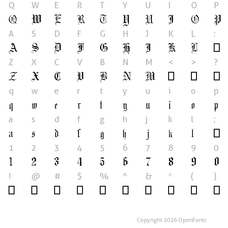 Character Map of English Gothic, 17th c. Regular