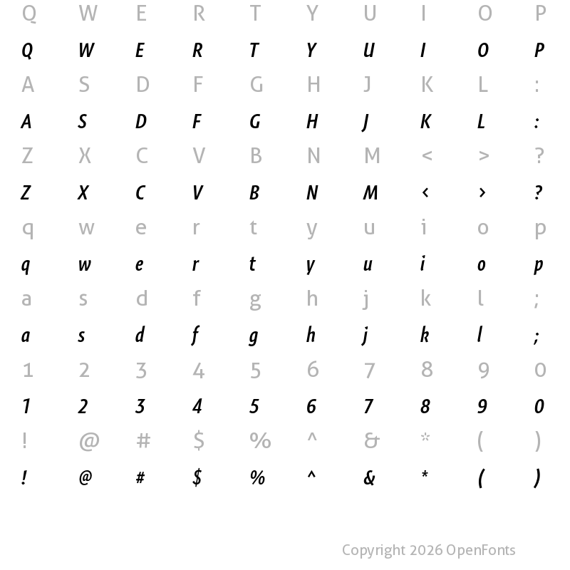 Character Map of Expo Sans Pro Semibold Condensed Italic