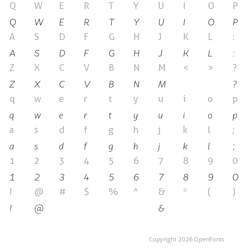 Character Map of Faible Test Light Italic