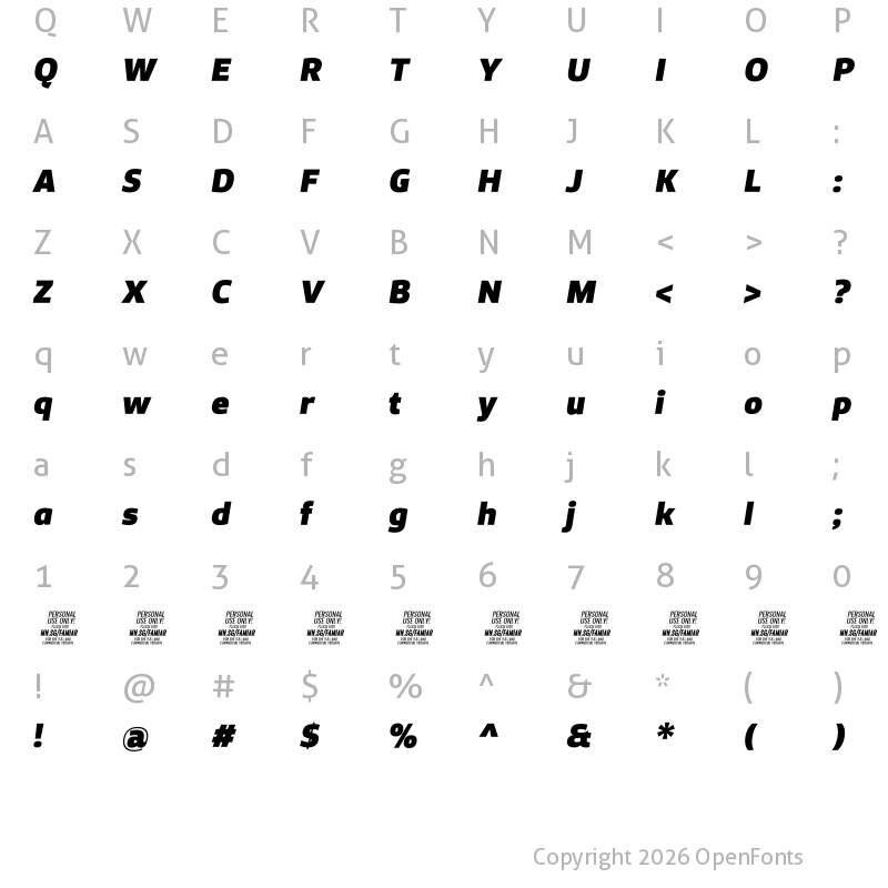 Character Map of Famiar PERSONAL USE ONLY Black Italic