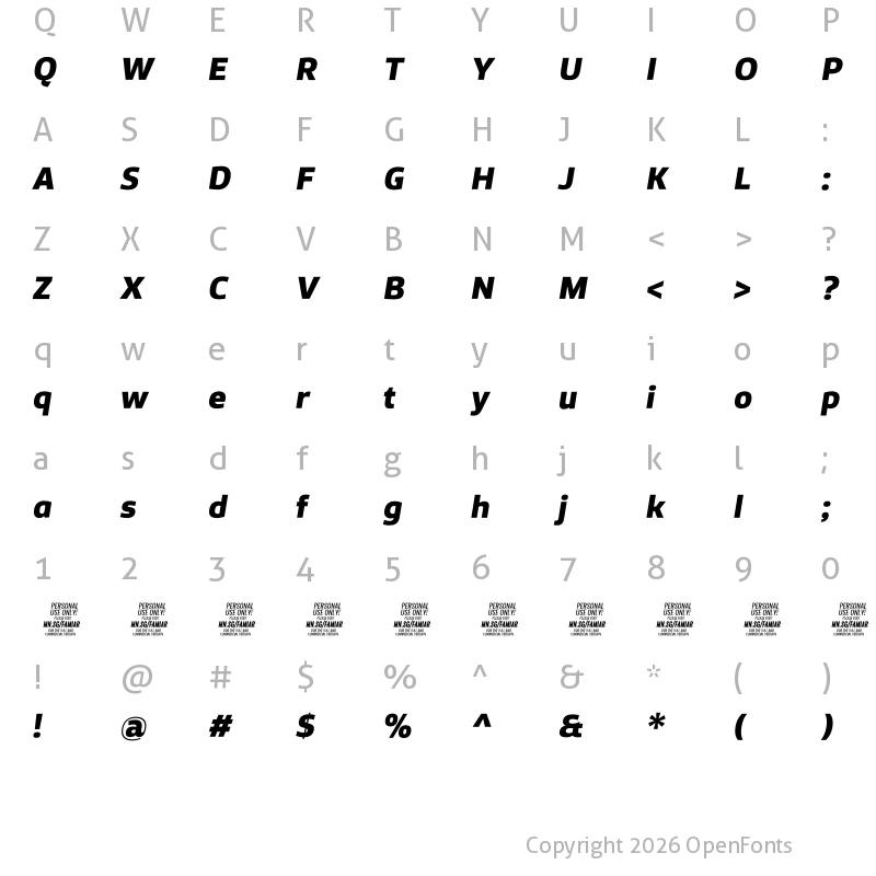 Character Map of Famiar PERSONAL USE ONLY ExtraBold Italic