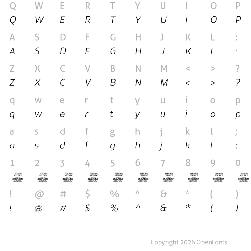 Character Map of Famiar PERSONAL USE ONLY Light Italic
