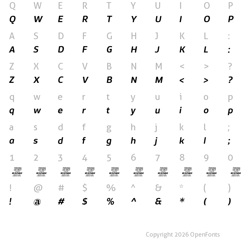 Character Map of Famiar PERSONAL USE ONLY SemiBold Italic
