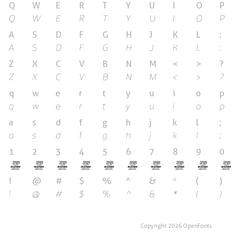 Character Map of Famiar PERSONAL USE ONLY Thin Italic
