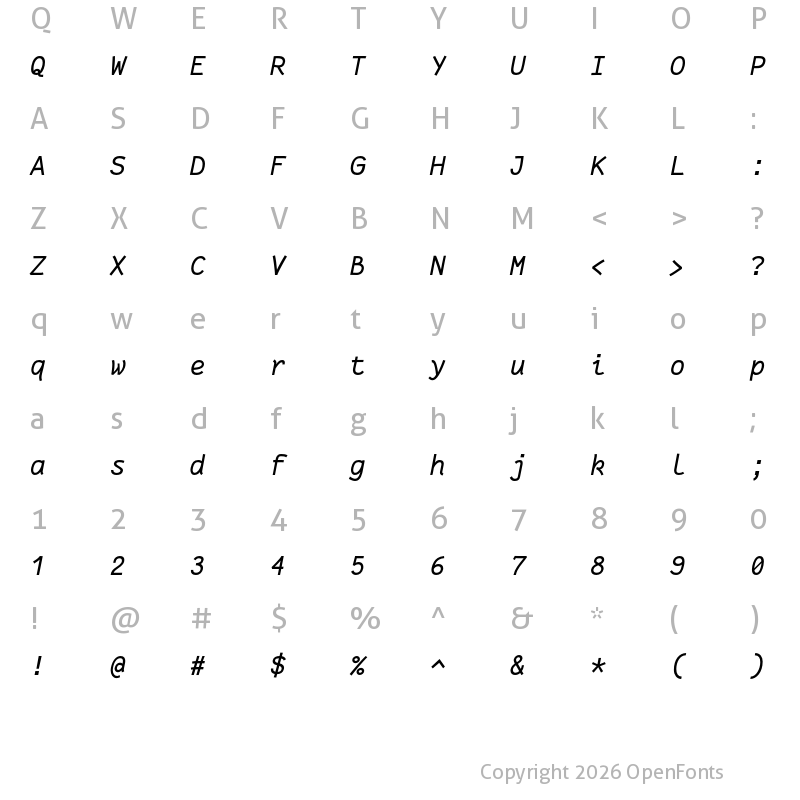 Character Map of Fantasque Sans Mono Italic