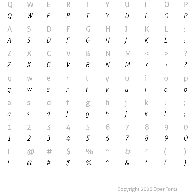 Character Map of FF Unit Pro Light Italic
