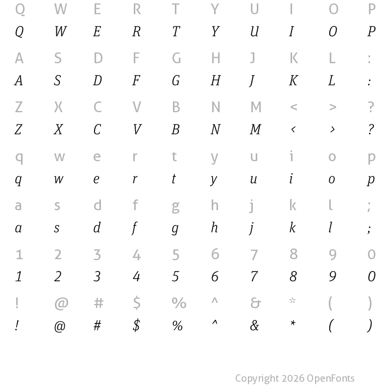 Character Map of FF Unit Slab Pro Light Italic