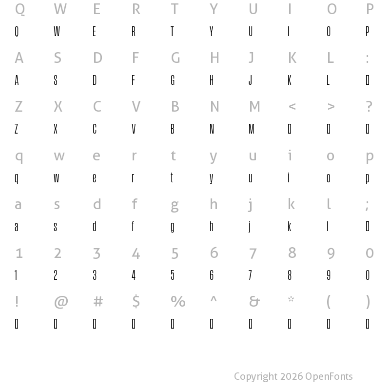 Character Map of Field Gothic TEST No.22 Reg XXCond