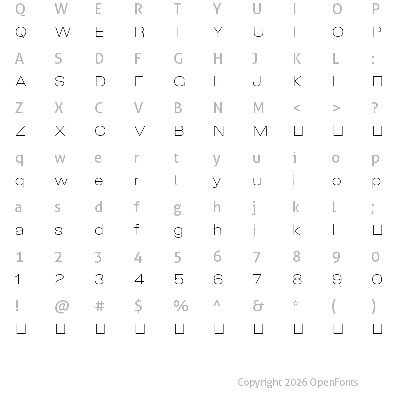 Character Map of Field Gothic TEST No.70 XLight Wide