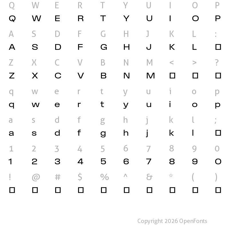 Character Map of Field Gothic TEST No.72 Reg Wide