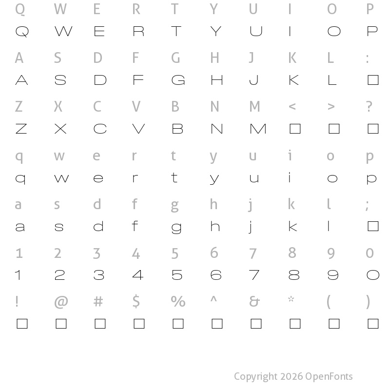 Character Map of Field Gothic TEST No.80 XLight XWide