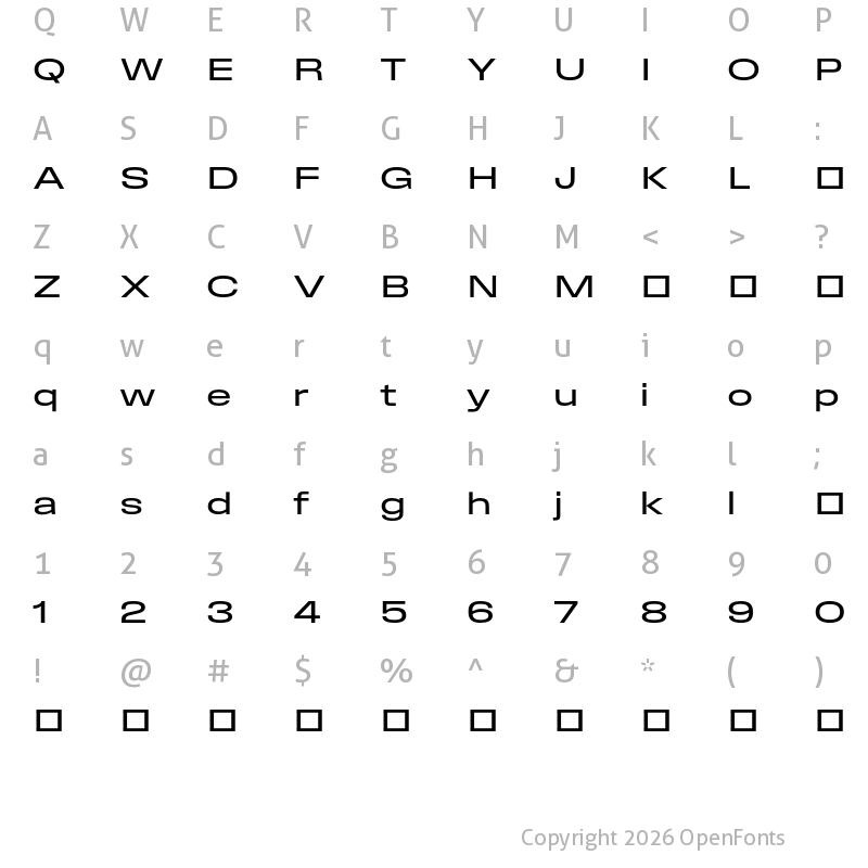 Character Map of Field Gothic TEST No.82 Reg XWide