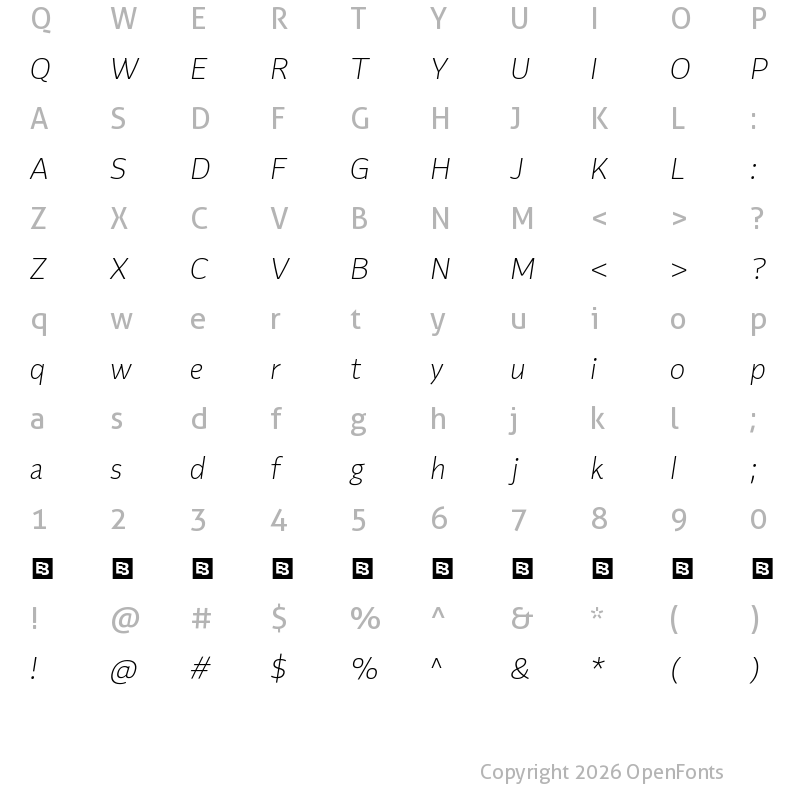 Character Map of Flinders Trial Extra Light Italic