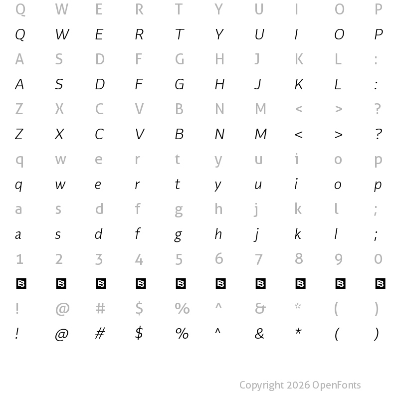 Character Map of Flinders Trial Light Italic