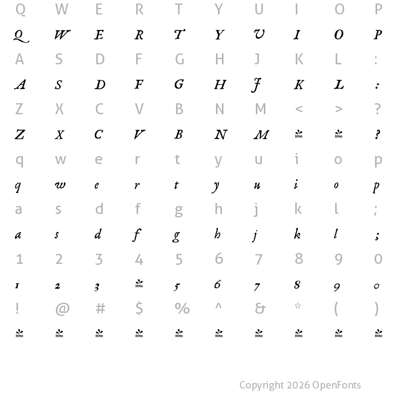 Character Map of FONTSPRING DEMO - 1689 GLC Garamond Pro Italic
