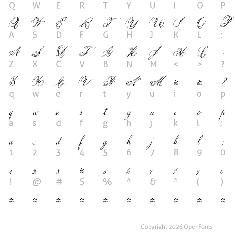 Character Map of FONTSPRING DEMO - 1845  Mistress Italic