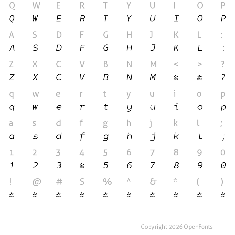 Character Map of FONTSPRING DEMO - 400 Matahari Mono Regular Italic