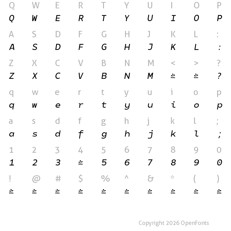 Character Map of FONTSPRING DEMO - 500 Matahari Mono Medium Italic