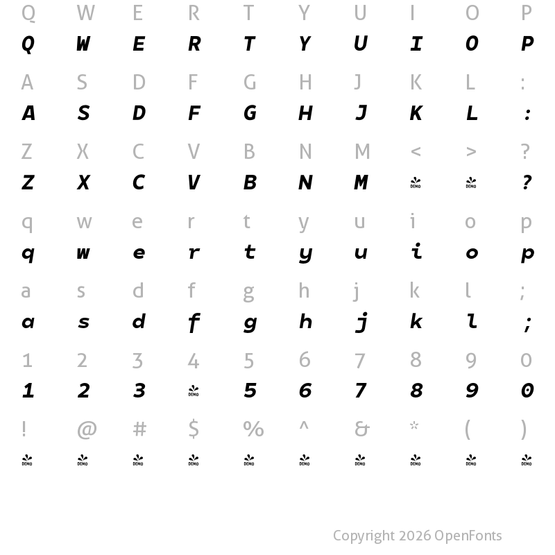 Character Map of FONTSPRING DEMO - 800 Matahari Mono ExtraBold Bold Italic
