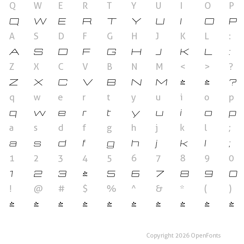 Character Map of FONTSPRING DEMO - 946 Latin XWide 1 Italic