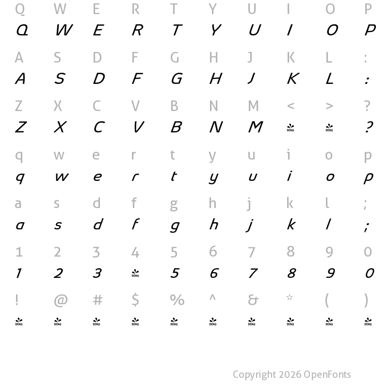 Character Map of FONTSPRING DEMO - Absolut Pro Expanded Italic