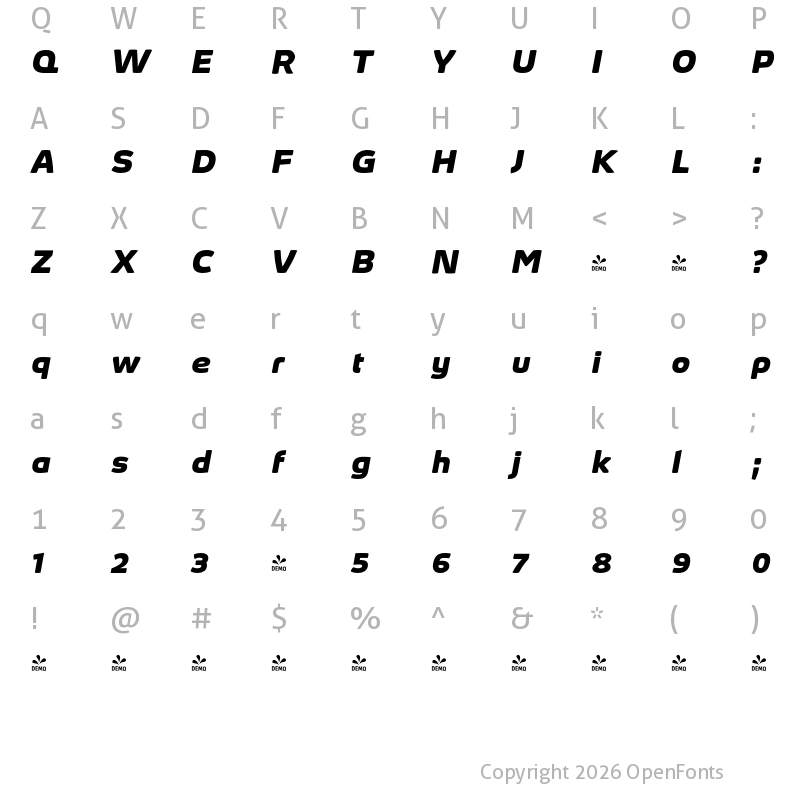 Character Map of FONTSPRING DEMO - Absolut Pro ExtraBold Expanded Bold Italic