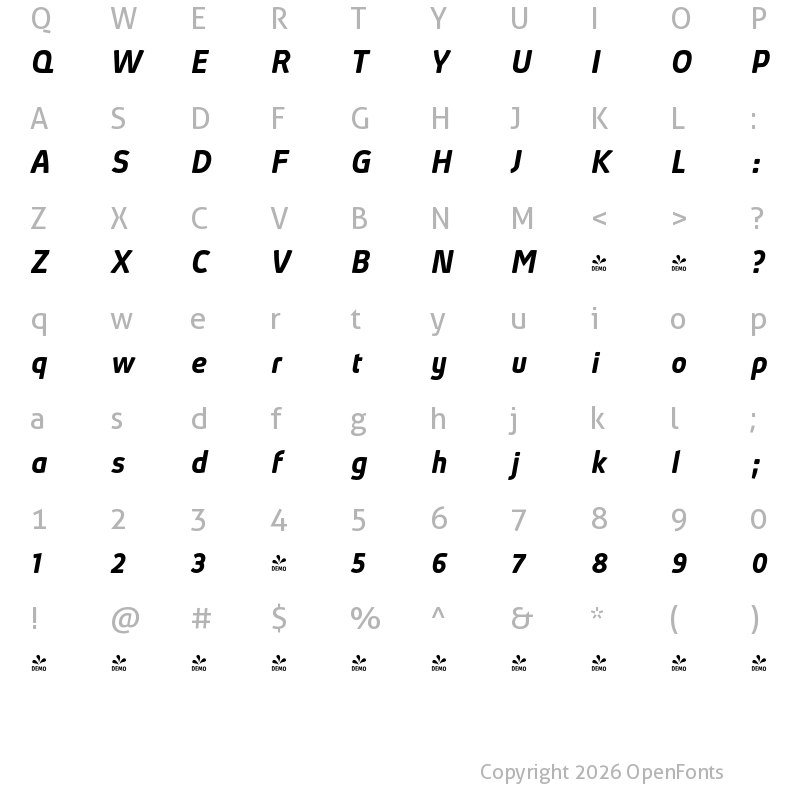 Character Map of FONTSPRING DEMO - Absolut Pro SemiBold Bold Italic
