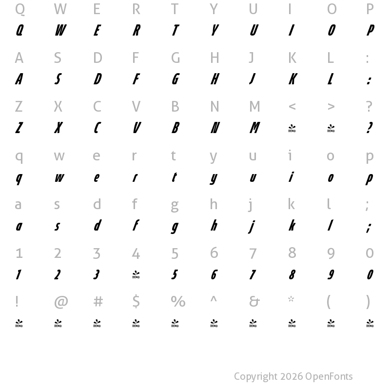 Character Map of FONTSPRING DEMO - Absolut Pro SemiBold UltraCondensed Bold Italic