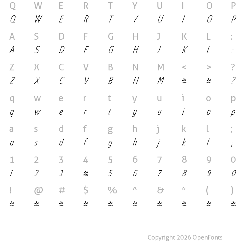 Character Map of FONTSPRING DEMO - Absolut Pro Thin Condensed Italic