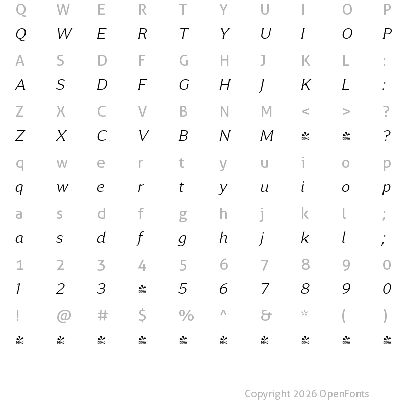 Character Map of FONTSPRING DEMO - Accia Flare Light Italic