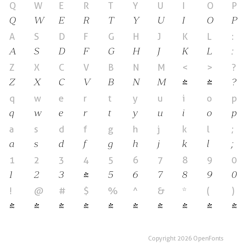 Character Map of FONTSPRING DEMO - Accia Forte ExtLt Italic