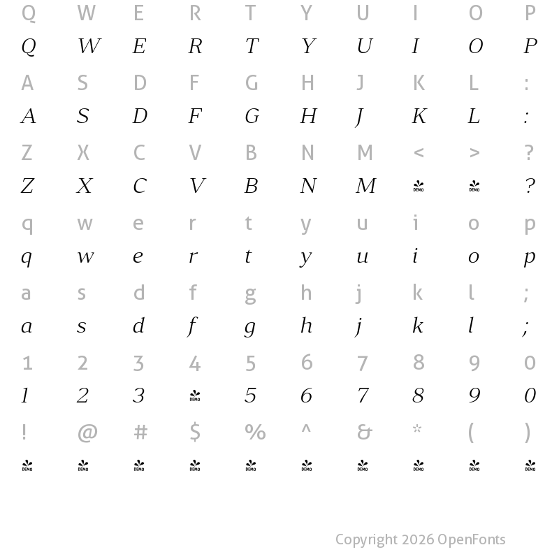 Character Map of FONTSPRING DEMO - Accia Forte Light Italic