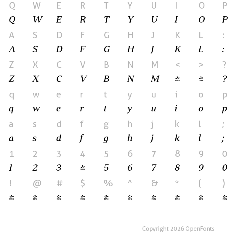 Character Map of FONTSPRING DEMO - Accia Moderato Med Italic