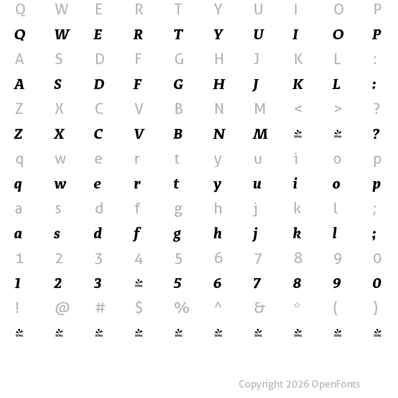 Character Map of FONTSPRING DEMO - Adagio_Serif Bold Italic