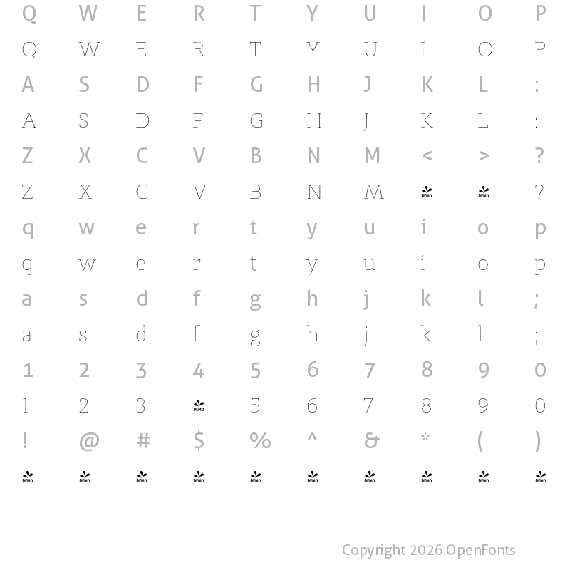 Character Map of FONTSPRING DEMO - Adagio_Slab ExtraLight Regular