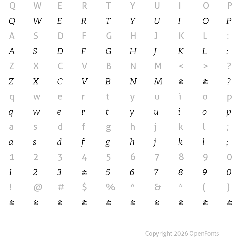 Character Map of FONTSPRING DEMO - Adagio_Slab Light Italic