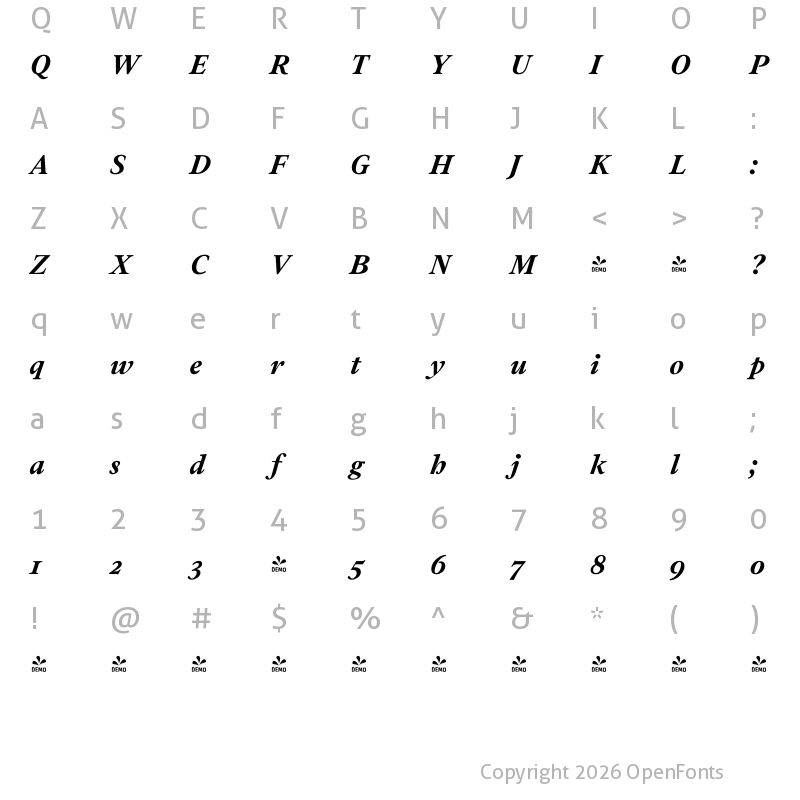 Character Map of FONTSPRING DEMO - Addington CF Bold Italic