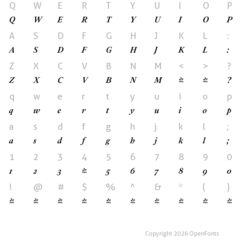 Character Map of FONTSPRING DEMO - Addington CF Demi Bold Italic